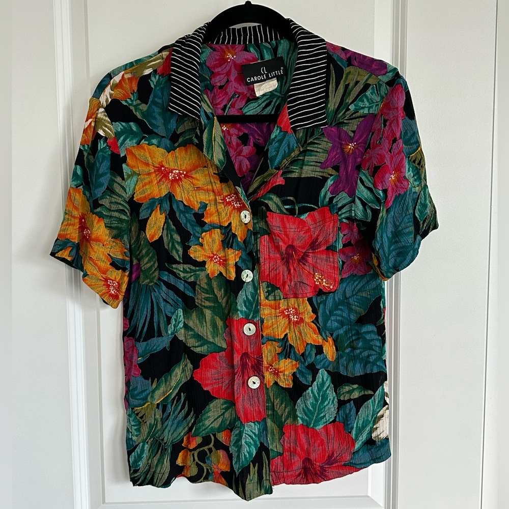 Vintage 90's Carole Little Floral Print Striped Collar Button Down Shirt - 4